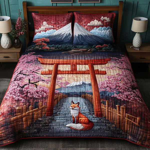 Fox in Paradise quilted 3-piece bedding set on a made bed with two matching pillow shams