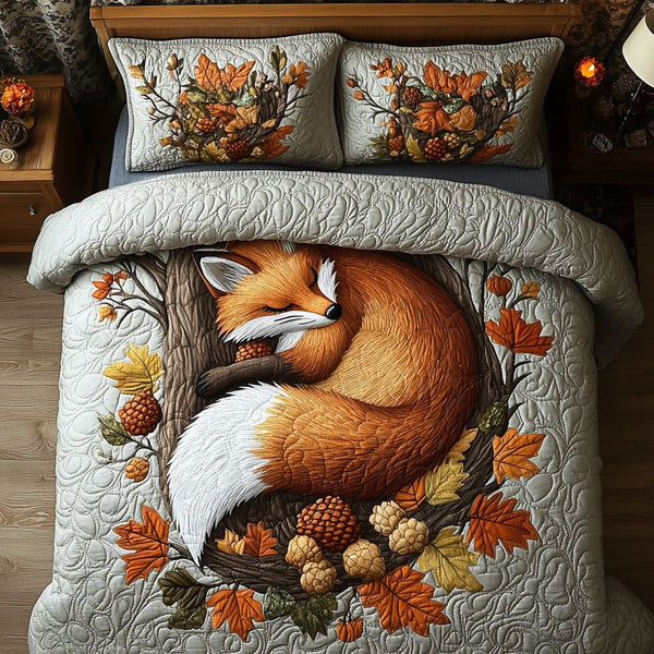 Fox in the Autumn Woods quilted 3-piece bedding set on a made bed with two matching pillow shams