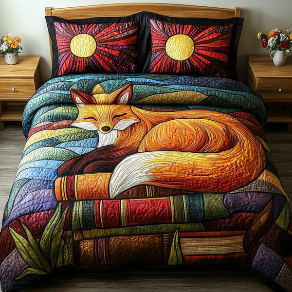 Fox in the Forest quilted 3-piece bedding set on a made bed with two matching pillow shams
