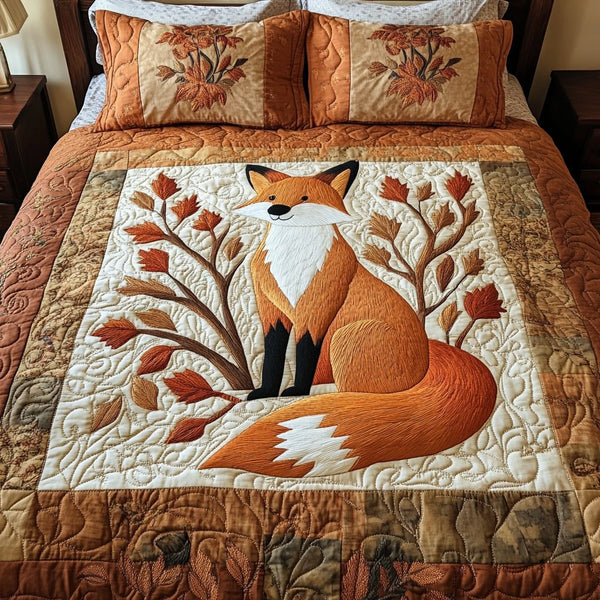 Fox Meadow quilted 3-piece bedding set on a made bed with two matching pillow shams
