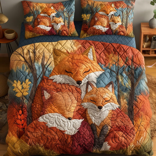 Fox Nest quilted 3-piece bedding set on a made bed with two matching pillow shams