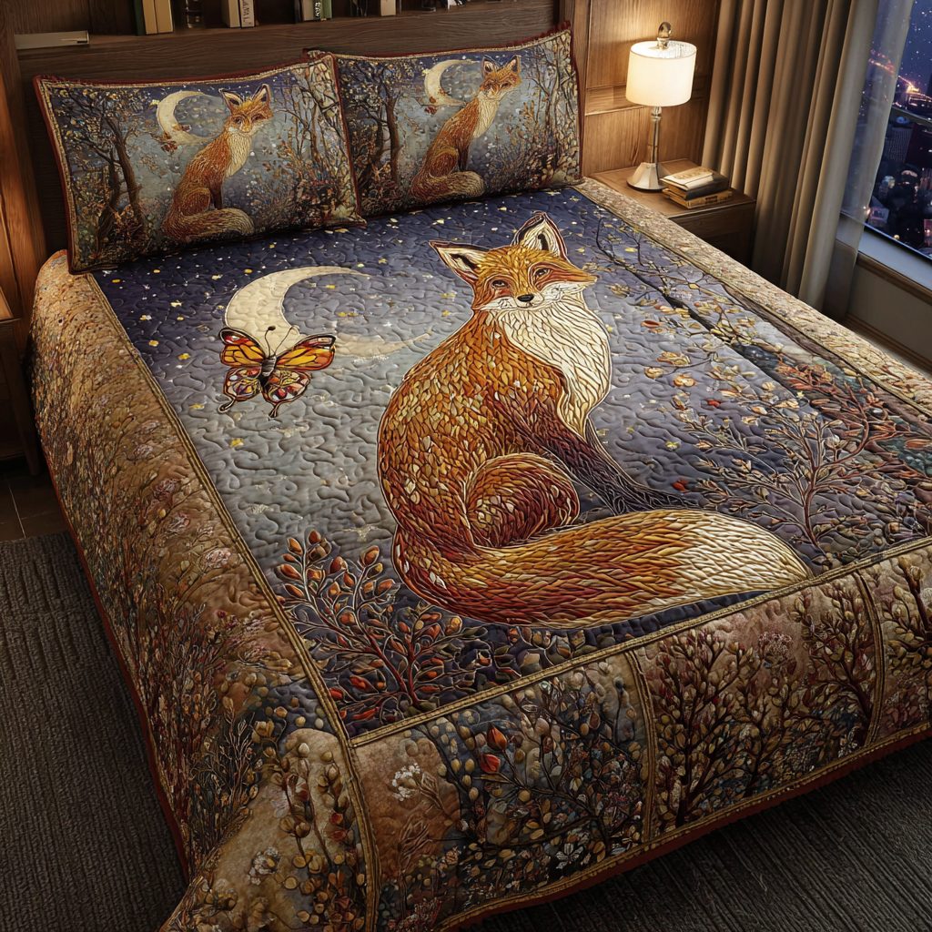 Fox Spirit quilted 3-piece bedding set on a made bed with two matching pillow shams
