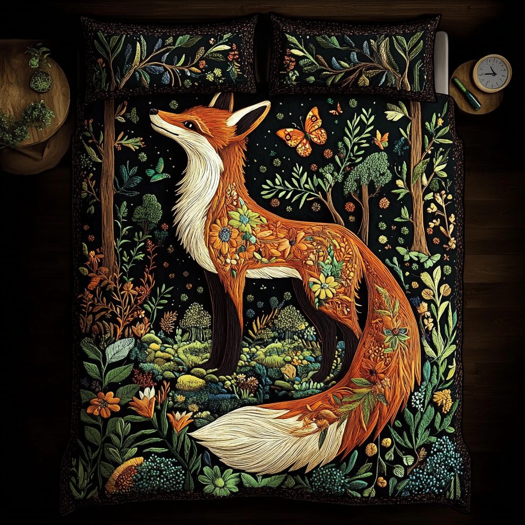Fox Tale quilted 3-piece bedding set on a made bed with two matching pillow shams