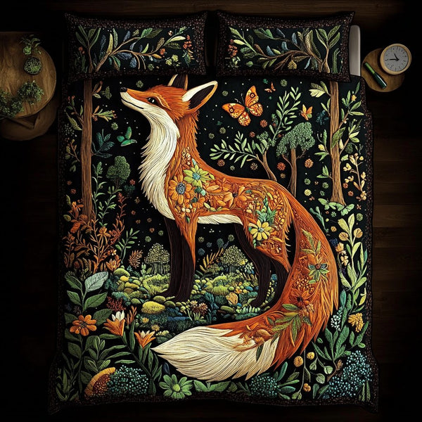 Fox Tale quilted 3-piece bedding set on a made bed with two matching pillow shams