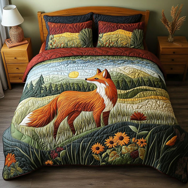 Fox Tracks quilted 3-piece bedding set on a made bed with two matching pillow shams