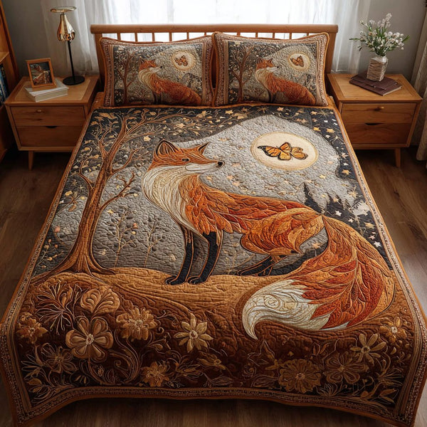 Fox Trail quilted 3-piece bedding set on a made bed with two matching pillow shams