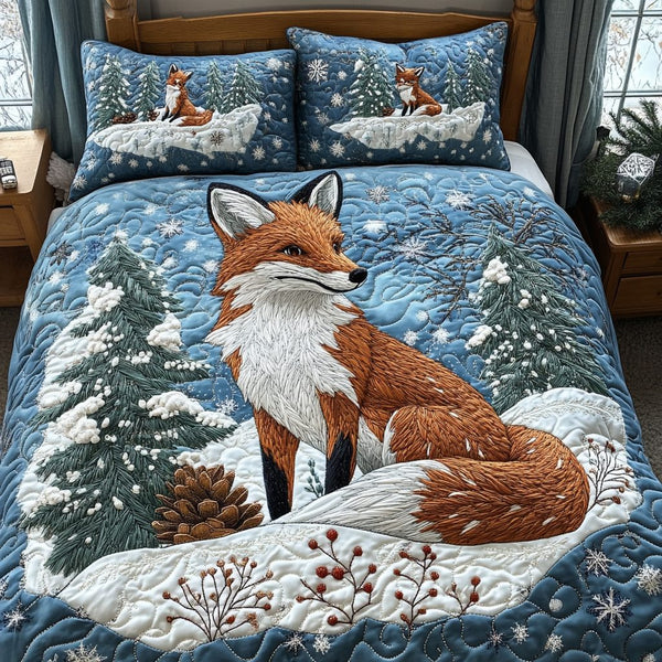Fox Winter Wonderland quilted 3-piece bedding set on a made bed in a winter-styled bedroom