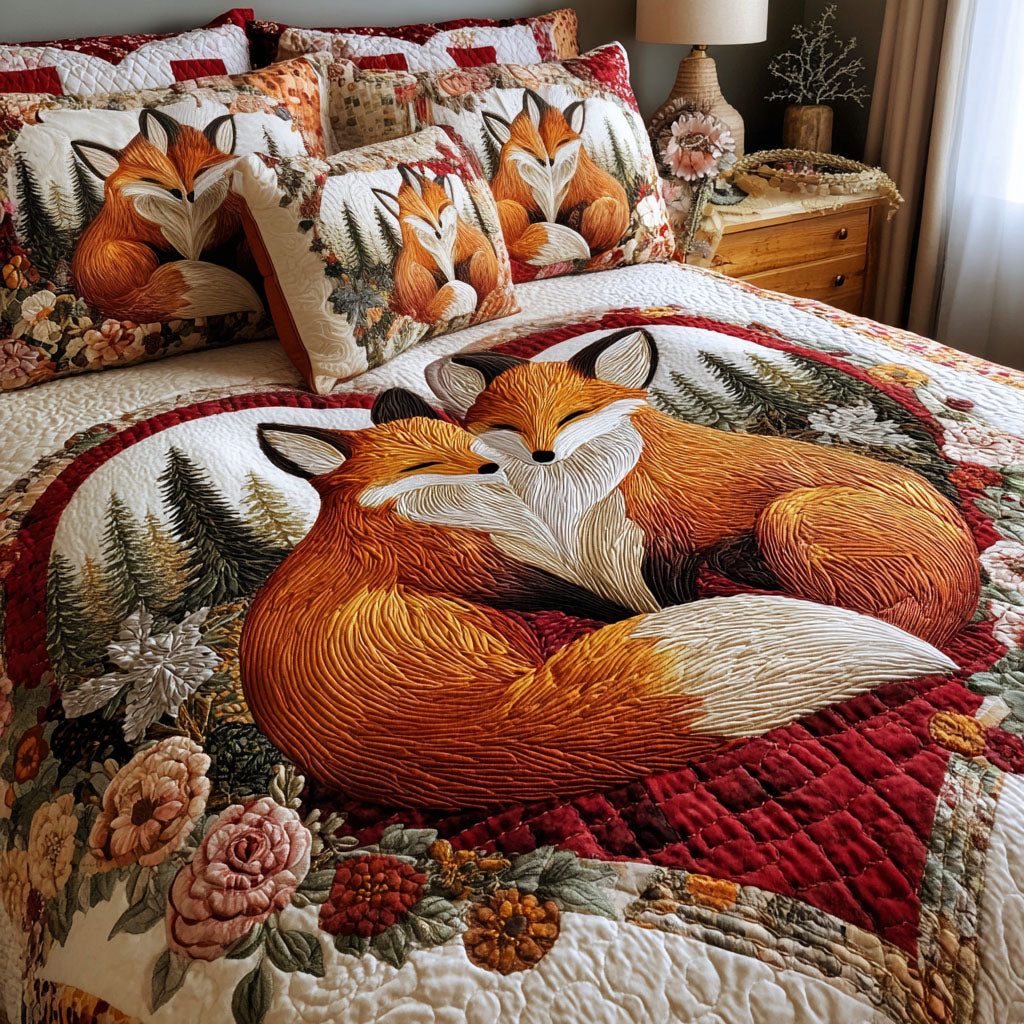 Foxes in Love quilted 3-piece bedding set on a made bed with two matching pillow shams