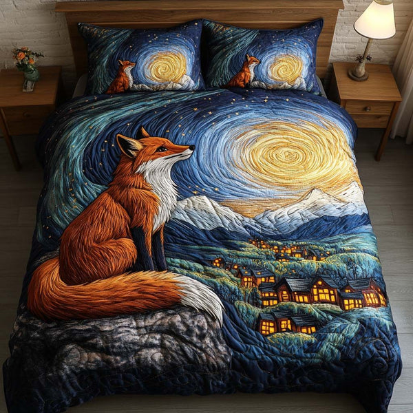 Foxfire Night quilted 3-piece bedding set on a made bed with two matching pillow shams