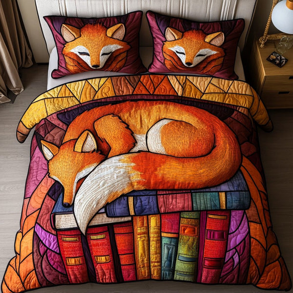 Foxy Nature quilted 3-piece bedding set on a made bed with two matching pillow shams