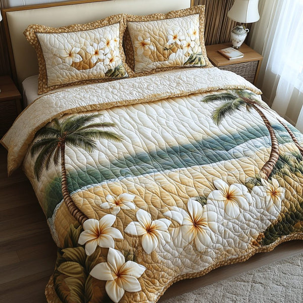 Fragrant Paradise quilted 3-piece bedding set on a made bed with two matching pillow shams
