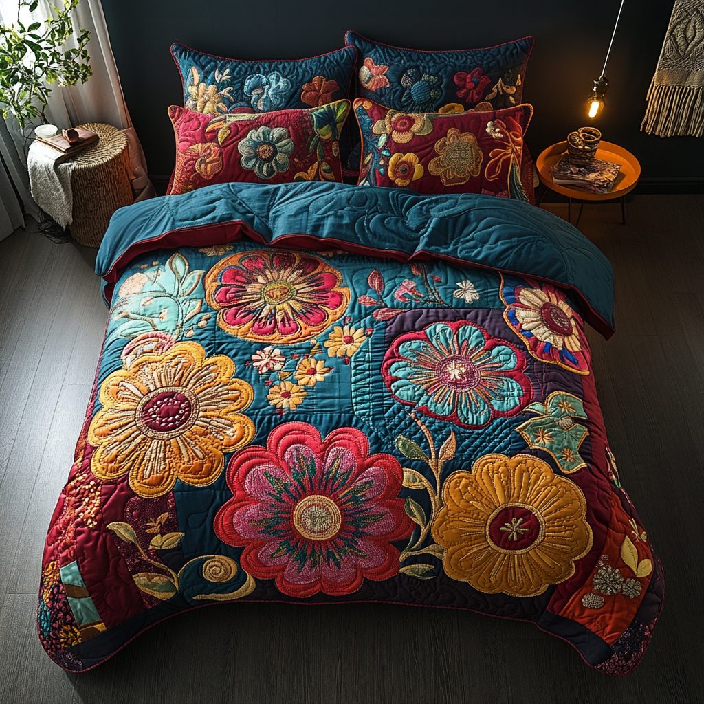 Free-Flowing Dreams quilted 3-piece bedding set on a made bed with two matching pillow shams