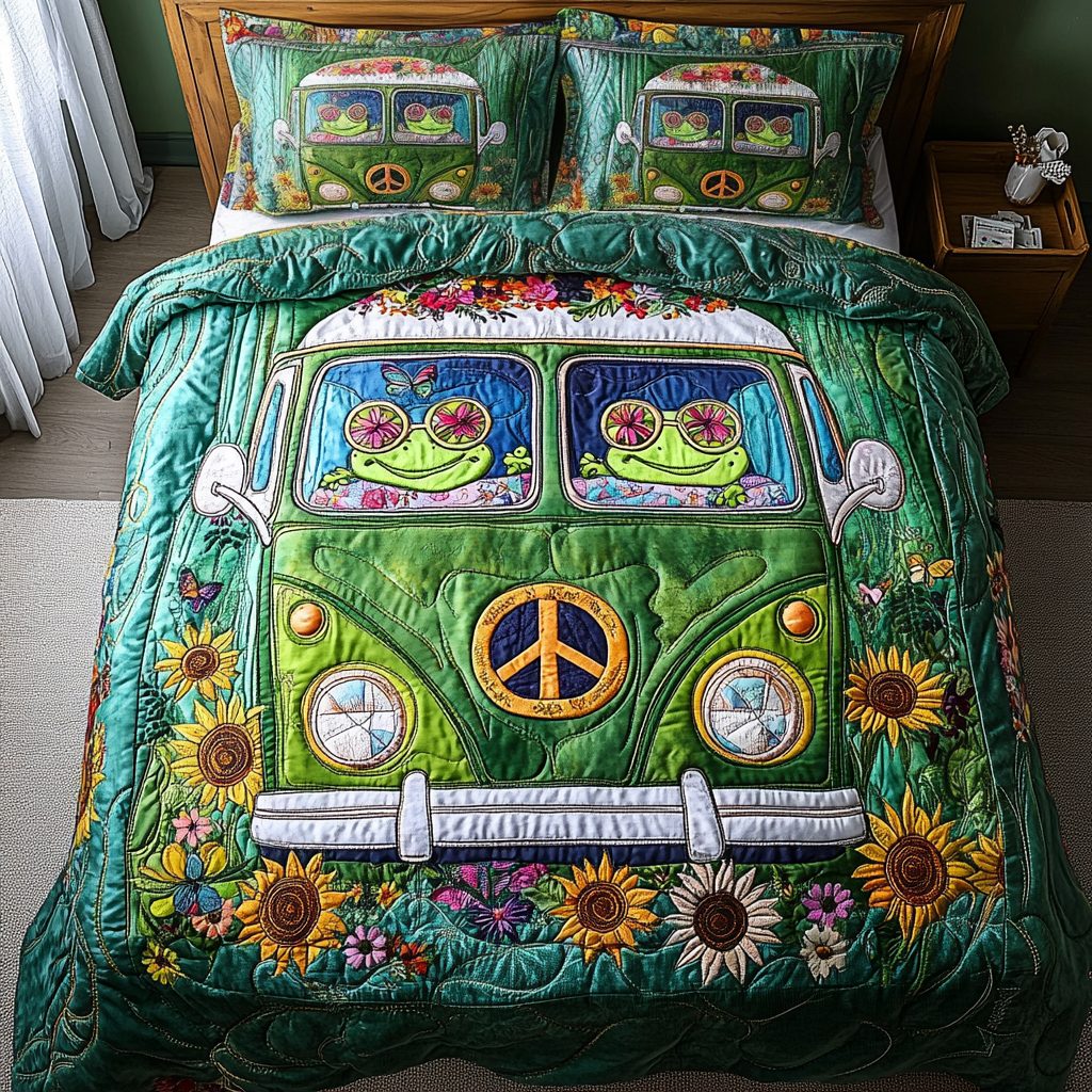 Free Frog quilted 3-piece bedding set on a made bed with two matching pillow shams