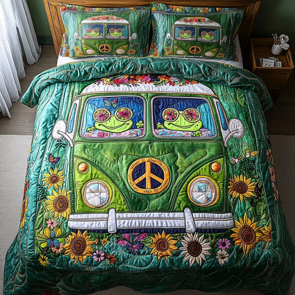 Free Frog quilted 3-piece bedding set on a made bed with two matching pillow shams