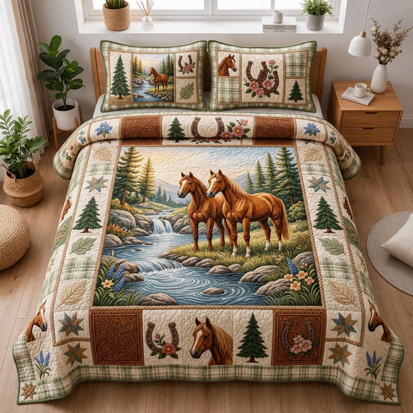 Free Gallop quilted 3-piece bedding set on a made bed with two matching pillow shams