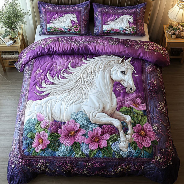 Free Horse quilted 3-piece bedding set on a made bed in a rustic timber bedroom