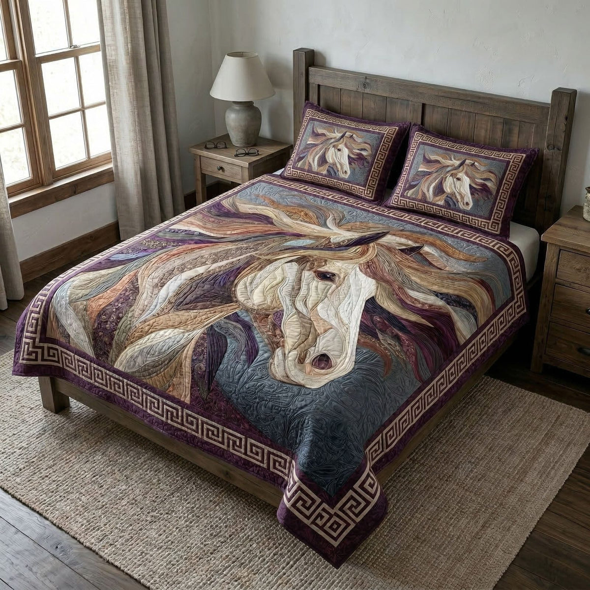 Free Mane quilted 3-piece bedding set on a made bed with two matching pillow shams