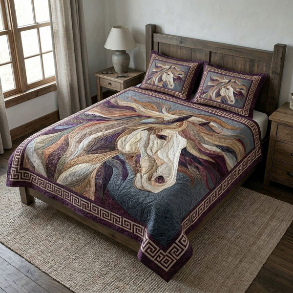 Free Mane quilted 3-piece bedding set on a made bed with two matching pillow shams