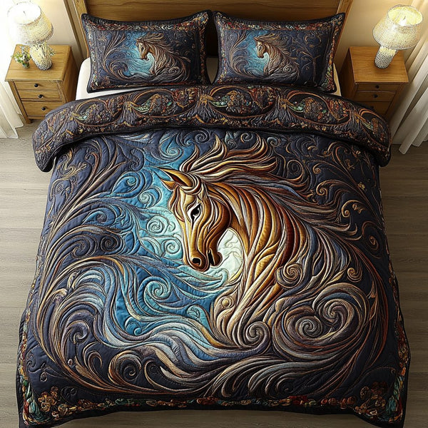 Free Roamer quilted 3-piece bedding set on a made bed with two matching pillow shams