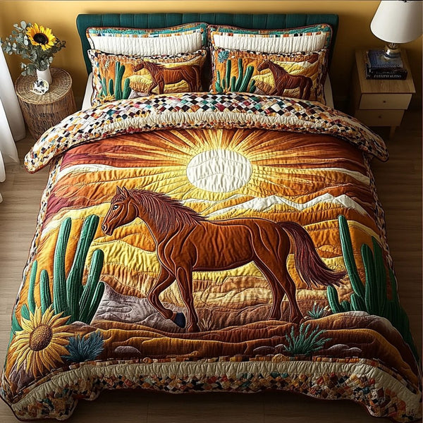 Free Roamer quilted 3-piece bedding set on a made bed with two matching pillow shams