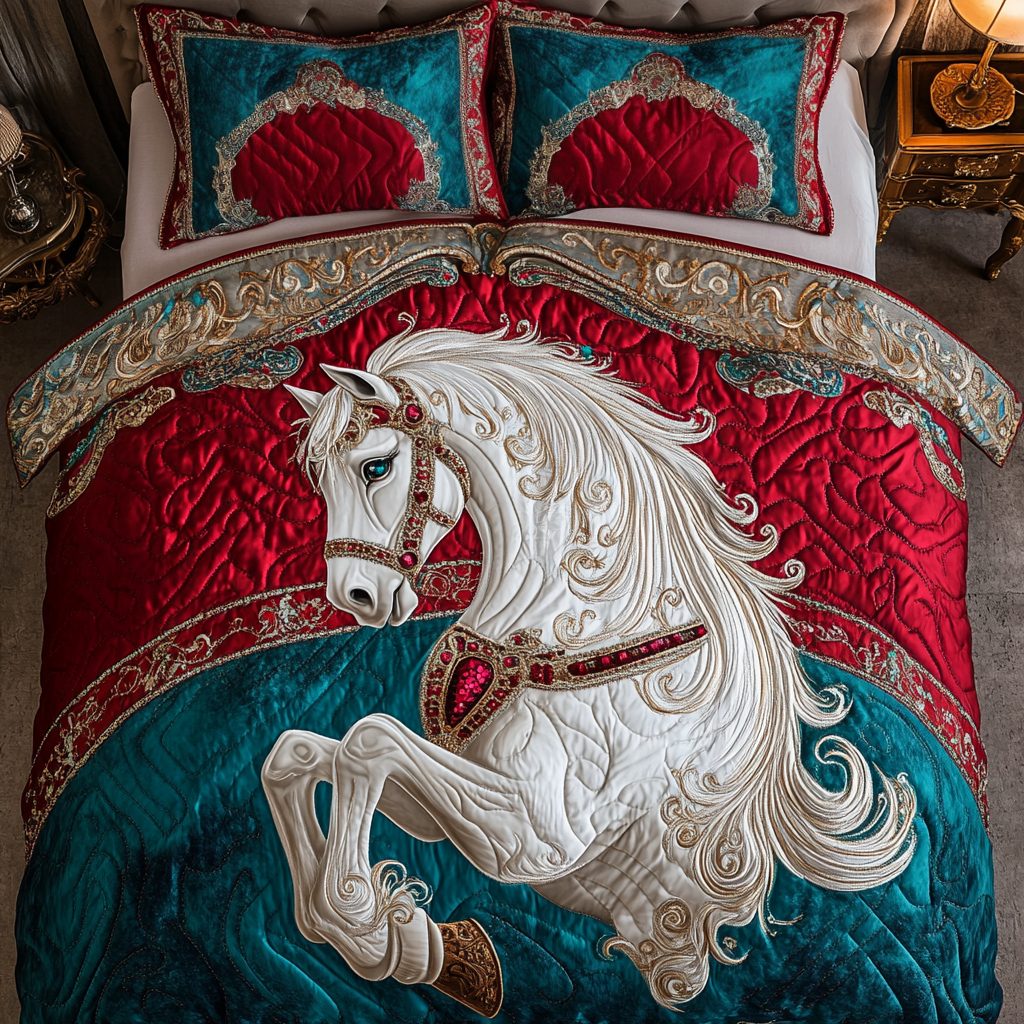 Free Roamer quilted 3-piece bedding set on a made bed with two matching pillow shams