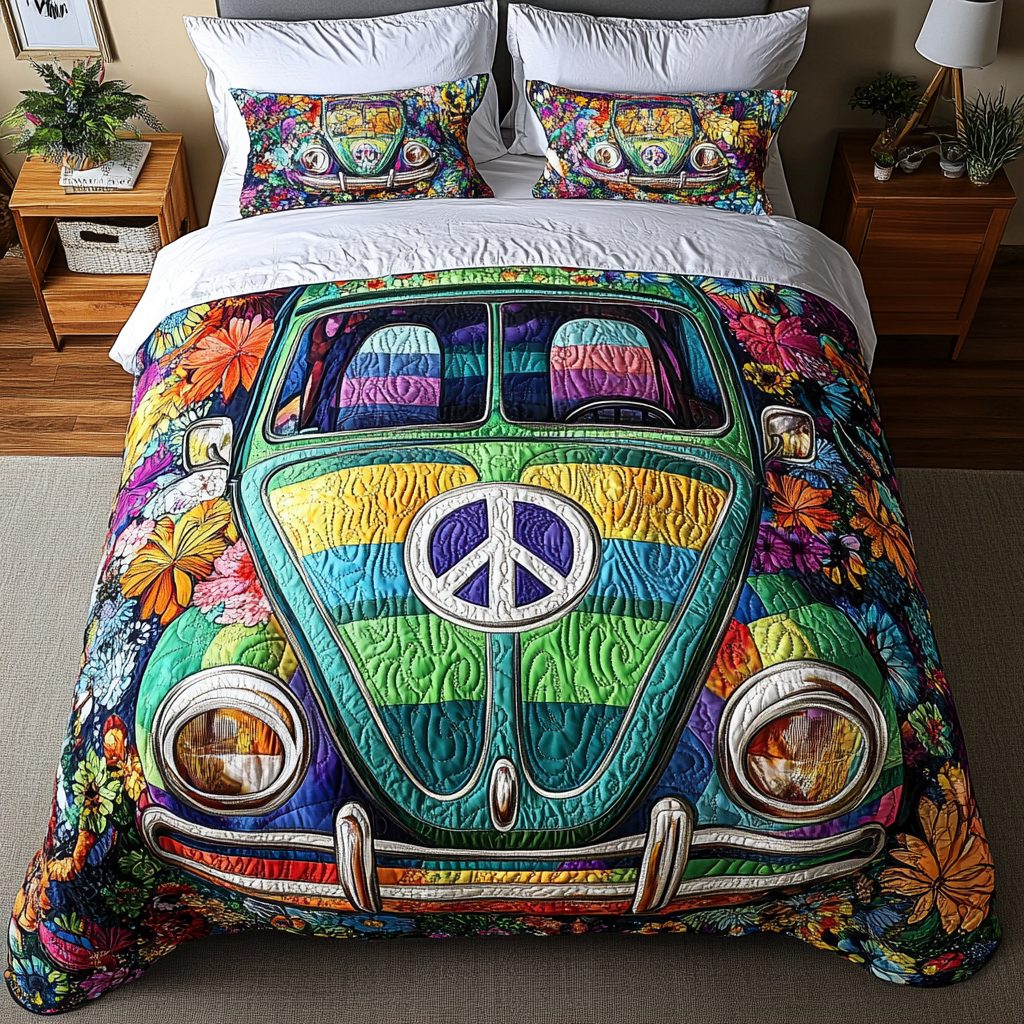 Free Spirit Drive quilted 3-piece bedding set on a made bed with two matching pillow shams