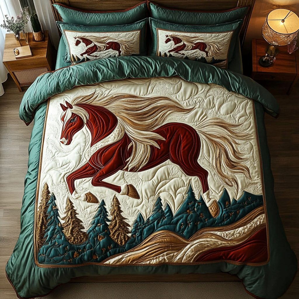 Free Spirit Hooves quilted 3-piece bedding set on a made bed with two matching pillow shams