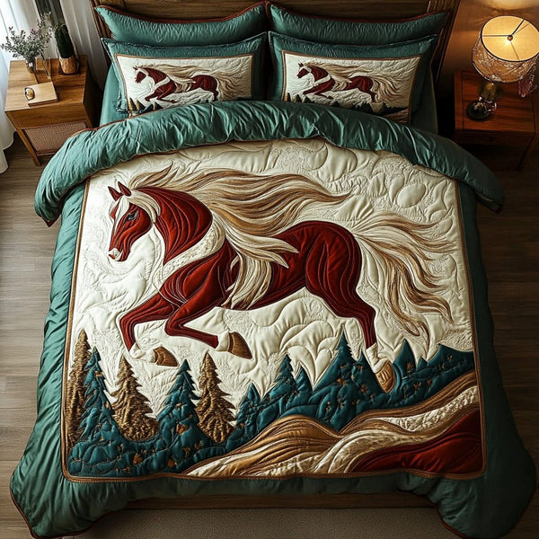 Free Spirit Hooves quilted 3-piece bedding set on a made bed with two matching pillow shams