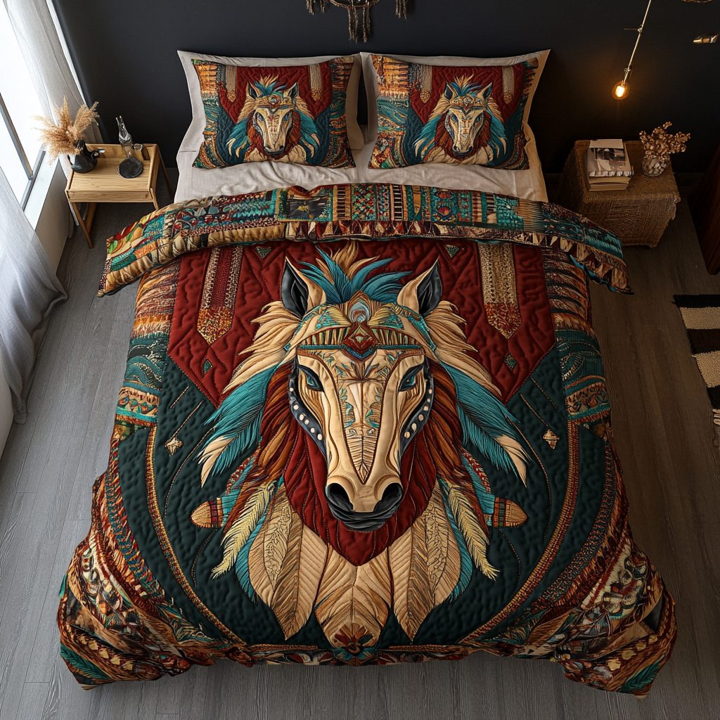 Free Spirit Horse quilted 3-piece bedding set on a made bed in a rustic timber bedroom