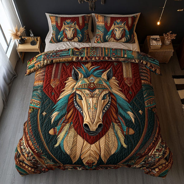 Free Spirit Horse quilted 3-piece bedding set on a made bed in a rustic timber bedroom