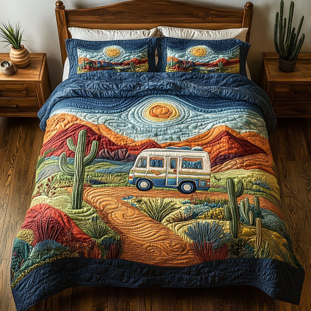 Free Spirit on the Road quilted 3-piece bedding set on a made bed with two matching pillow shams