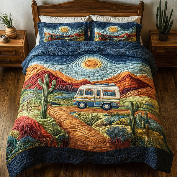 Free Spirit on the Road quilted 3-piece bedding set on a made bed with two matching pillow shams