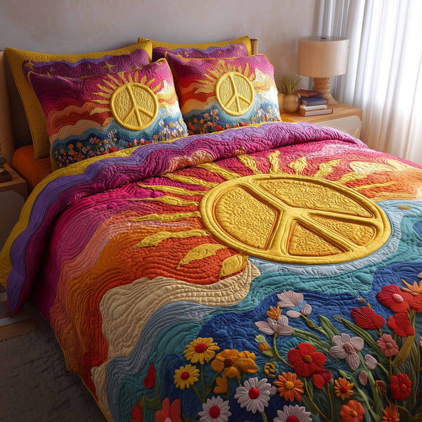 Free Spirit quilted 3-piece bedding set on a made bed with two matching pillow shams