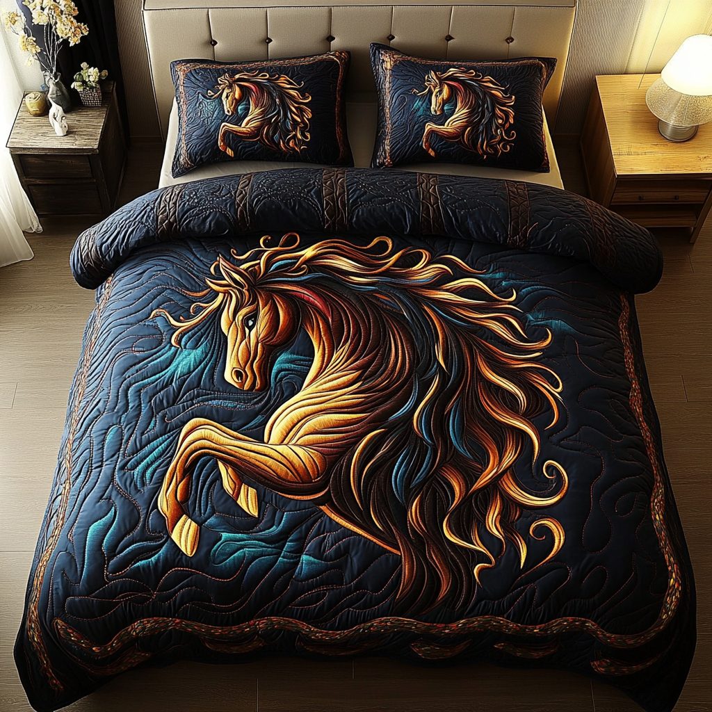 Free Spirit quilted 3-piece bedding set on a made bed with two matching pillow shams