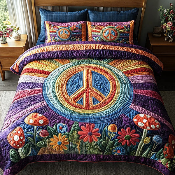 Free Spirit quilted 3-piece bedding set on a made bed with two matching pillow shams