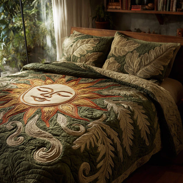 Free Spirit quilted 3-piece bedding set on a made bed with two matching pillow shams