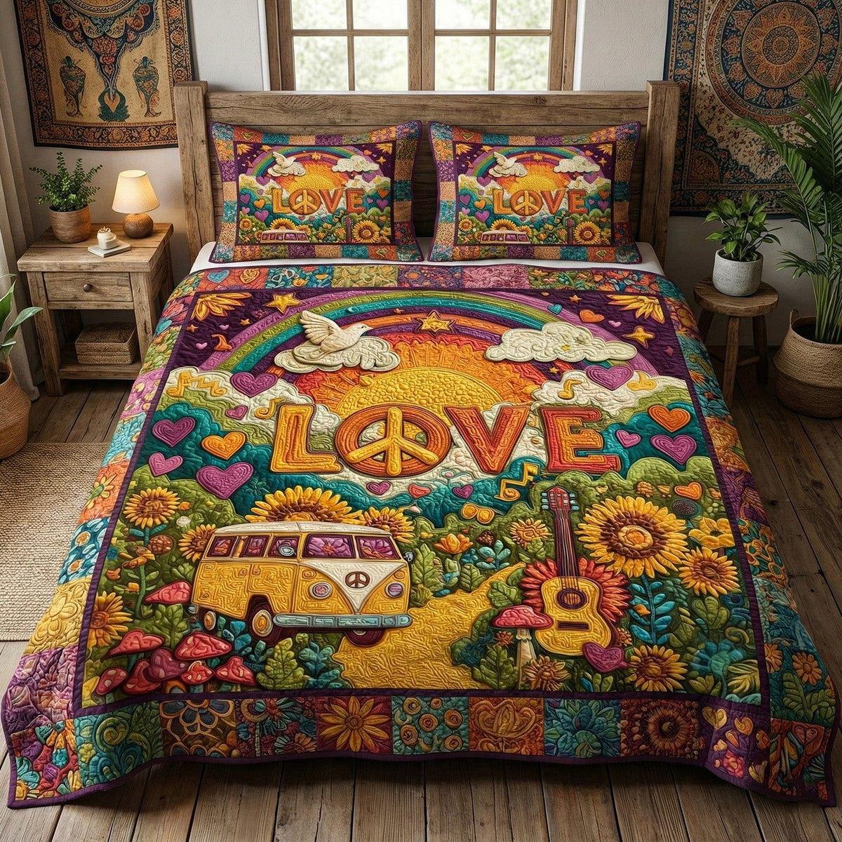 Free Spirit Ride quilted 3-piece bedding set on a made bed with two matching pillow shams