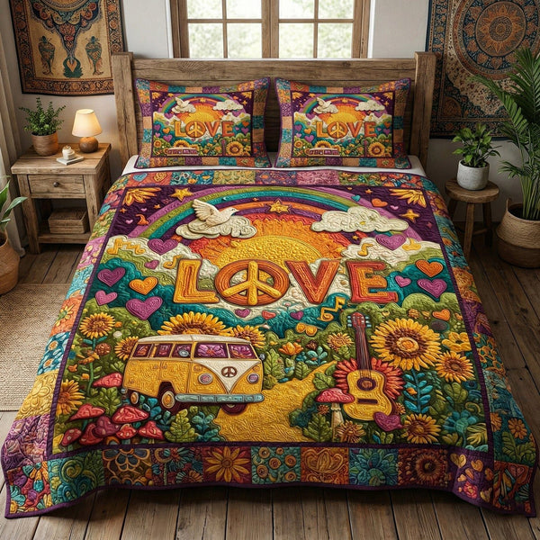 Free Spirit Ride quilted 3-piece bedding set on a made bed with two matching pillow shams