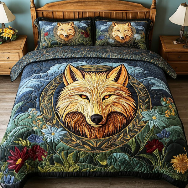 Free Wolf quilted 3-piece bedding set on a made bed with two matching pillow shams