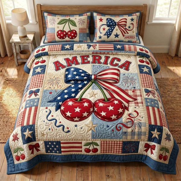 Freedom 250 quilted 3-piece bedding set on a made bed in a warmly lit bedroom