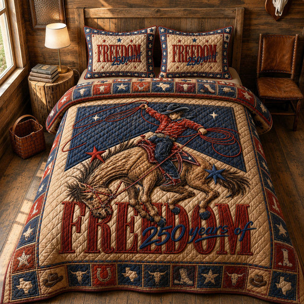 Freedom 250 Western quilted 3-piece bedding set on a made bed in a warmly lit bedroom