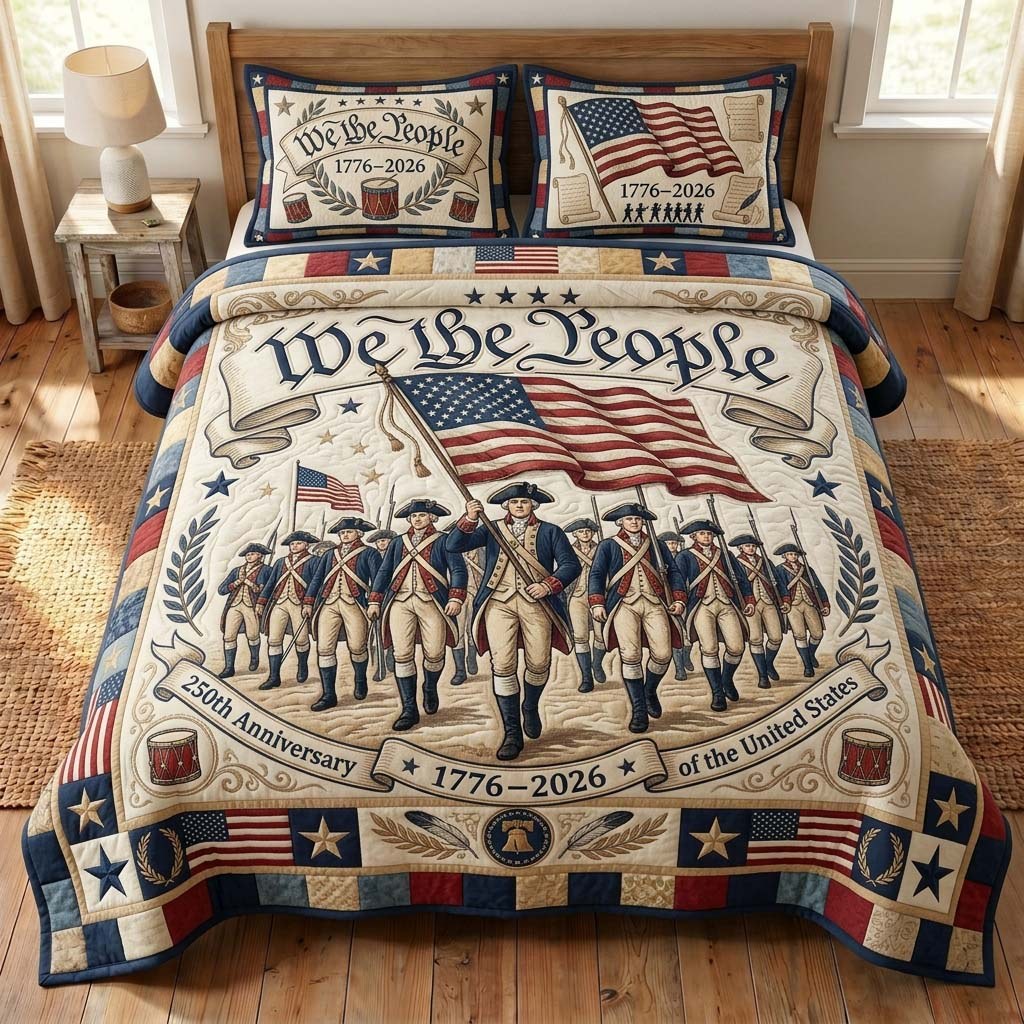Freedom Battalion quilted 3-piece bedding set on a made bed in a warmly lit bedroom