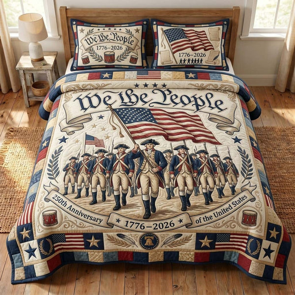 Freedom Battalion quilted 3-piece bedding set on a made bed in a warmly lit bedroom