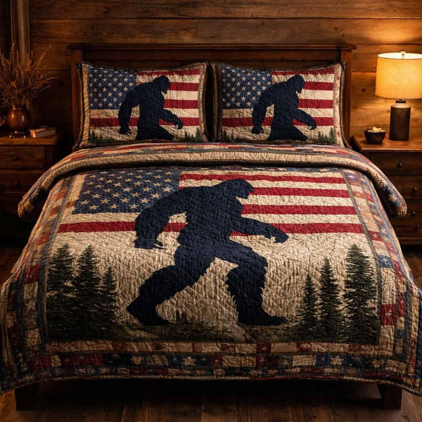 Freedom Beast quilted 3-piece bedding set on a made bed in a warmly lit bedroom