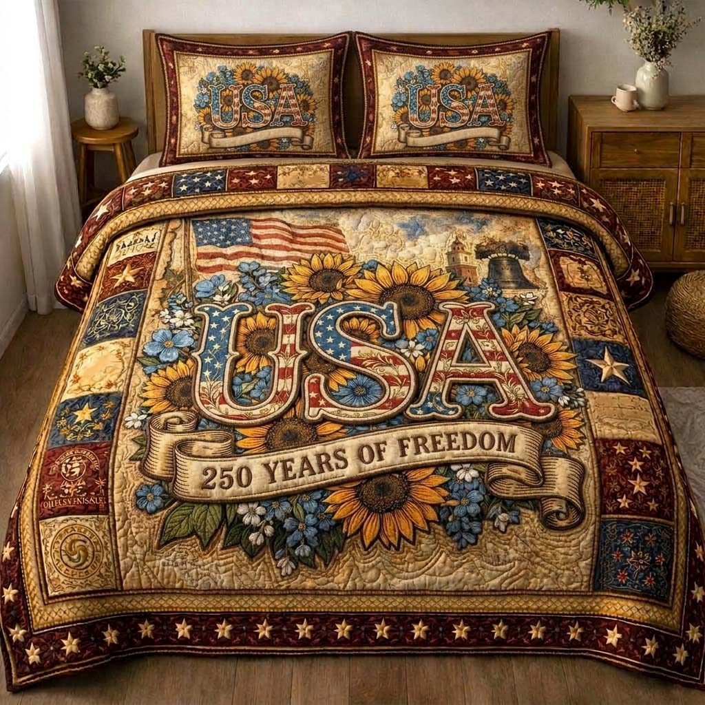 Freedom Bloom quilted 3-piece bedding set on a made bed in a warmly lit bedroom