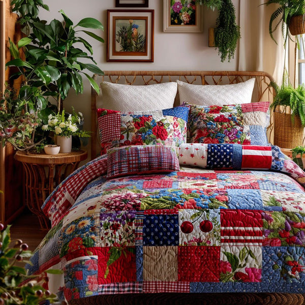 Freedom Bloom quilted 3-piece bedding set on a made bed in a warmly lit bedroom