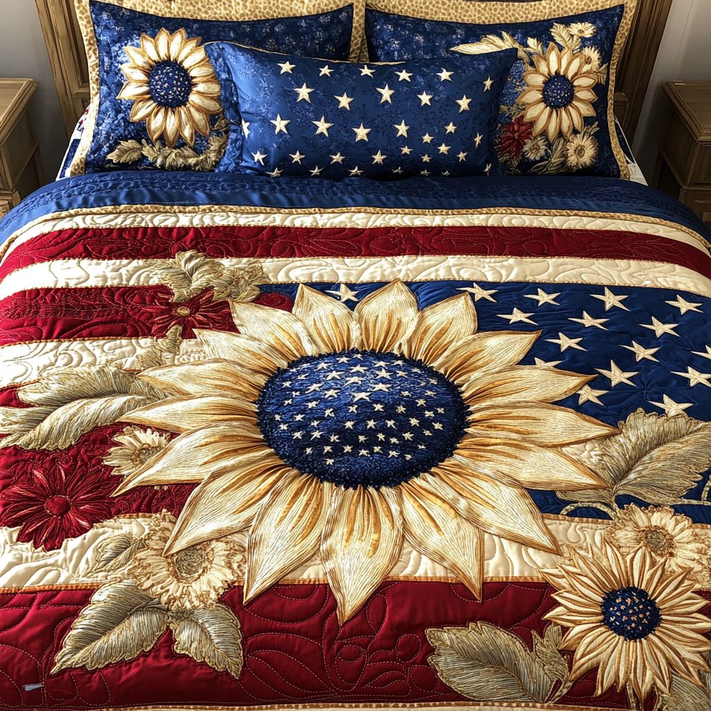 Freedom Bloom quilted 3-piece bedding set on a made bed in a warmly lit bedroom