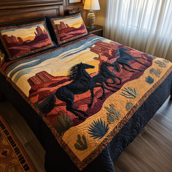Freedom Bond quilted 3-piece bedding set on a made bed in a warmly lit bedroom