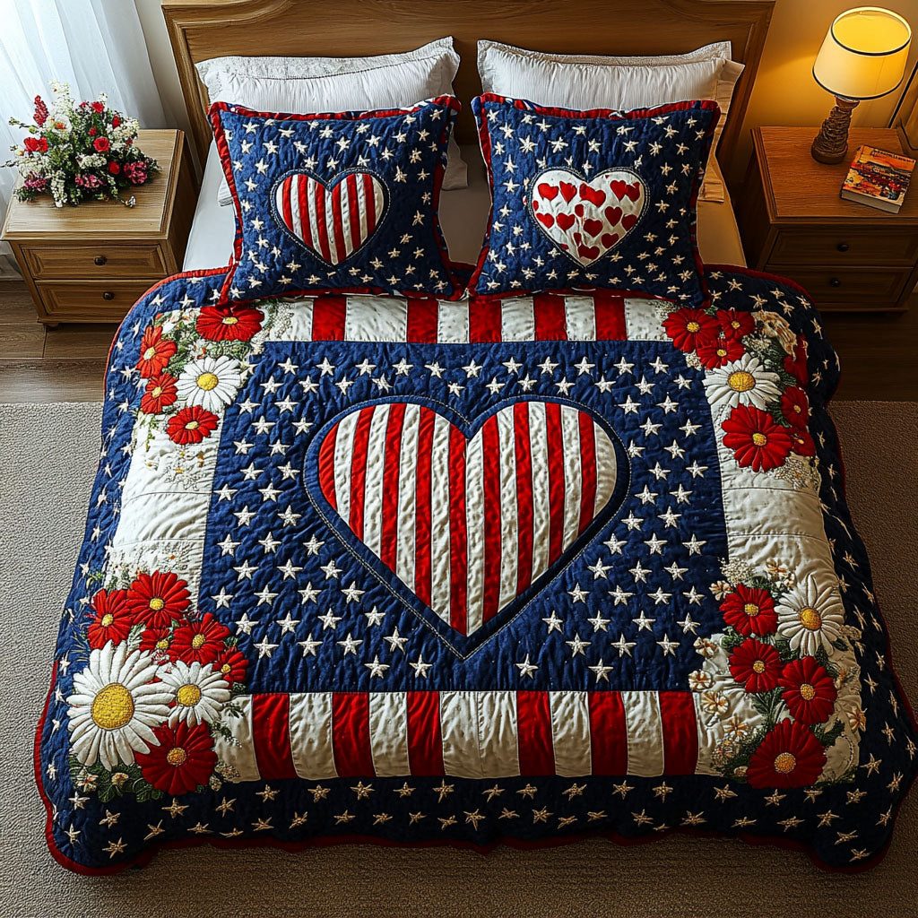 Freedom Bouquet quilted 3-piece bedding set on a made bed in a warmly lit bedroom