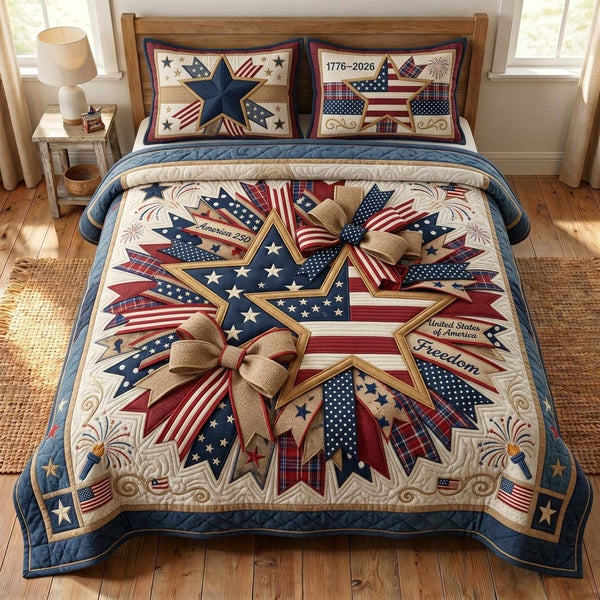 Freedom Burst quilted 3-piece bedding set on a made bed in a warmly lit bedroom